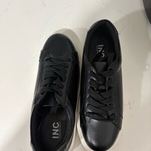 INC International Concepts Men’s Black Leather Lace-Up Sneakers with White Sole